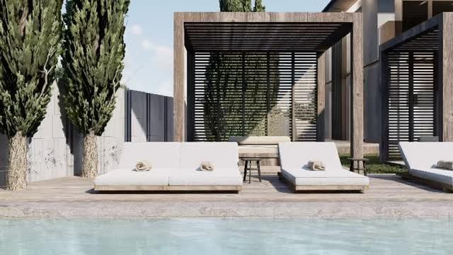 Aerial and poolside views of a contemporary villa with timber pergolas, white loungers and a swimming pool.