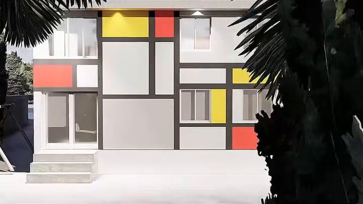 Animated kindergarten render: a facade of red, yellow and white panels, a courtyard with people and a bright interior.