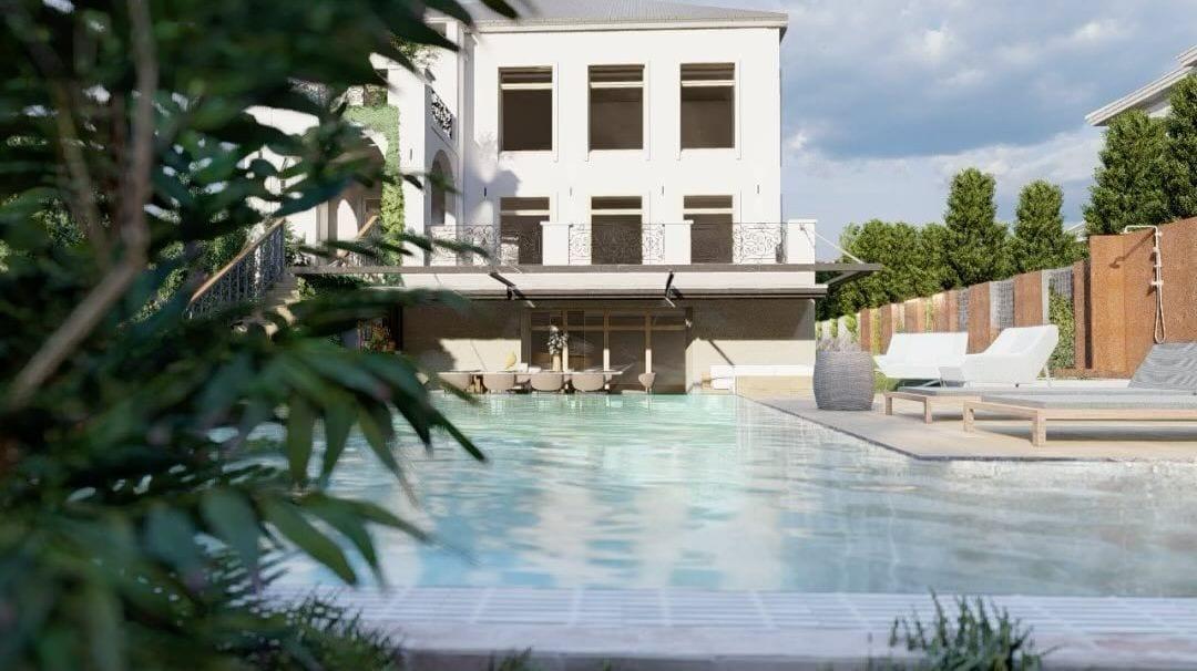 Animated render of the White Villa: a white multi-storey villa with a large pool, terraces and garden.
