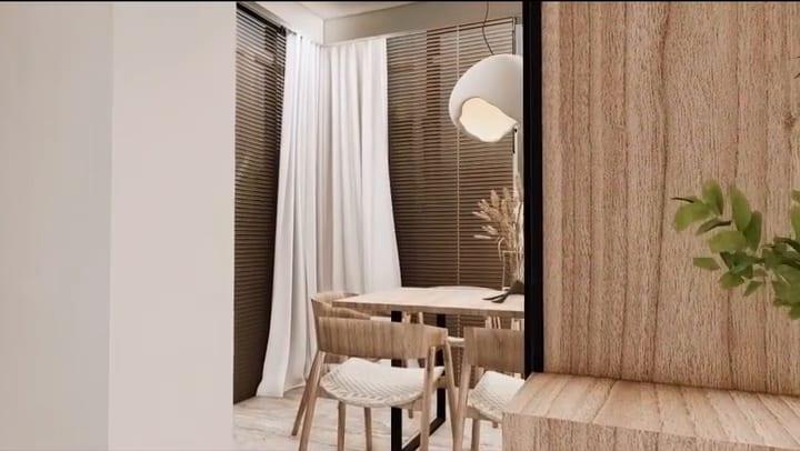 Animated living room render: a timber slat partition, TV wall, beige seating and white curtains.